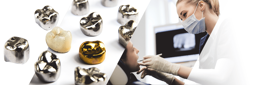 A compilation of images of dental scrap on display prior to being sent through the refining process, and a dentist operating on a patient.