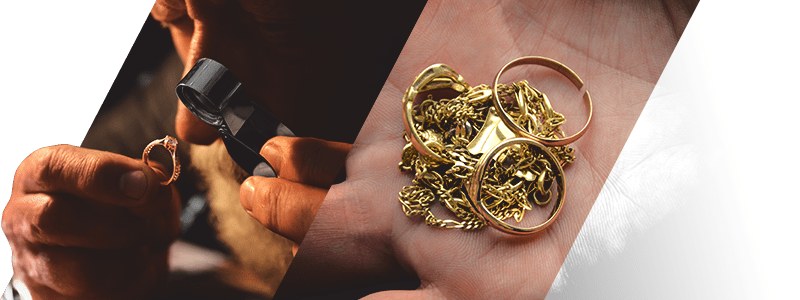 A compilation of images of pawnbrokers analyzing gold.