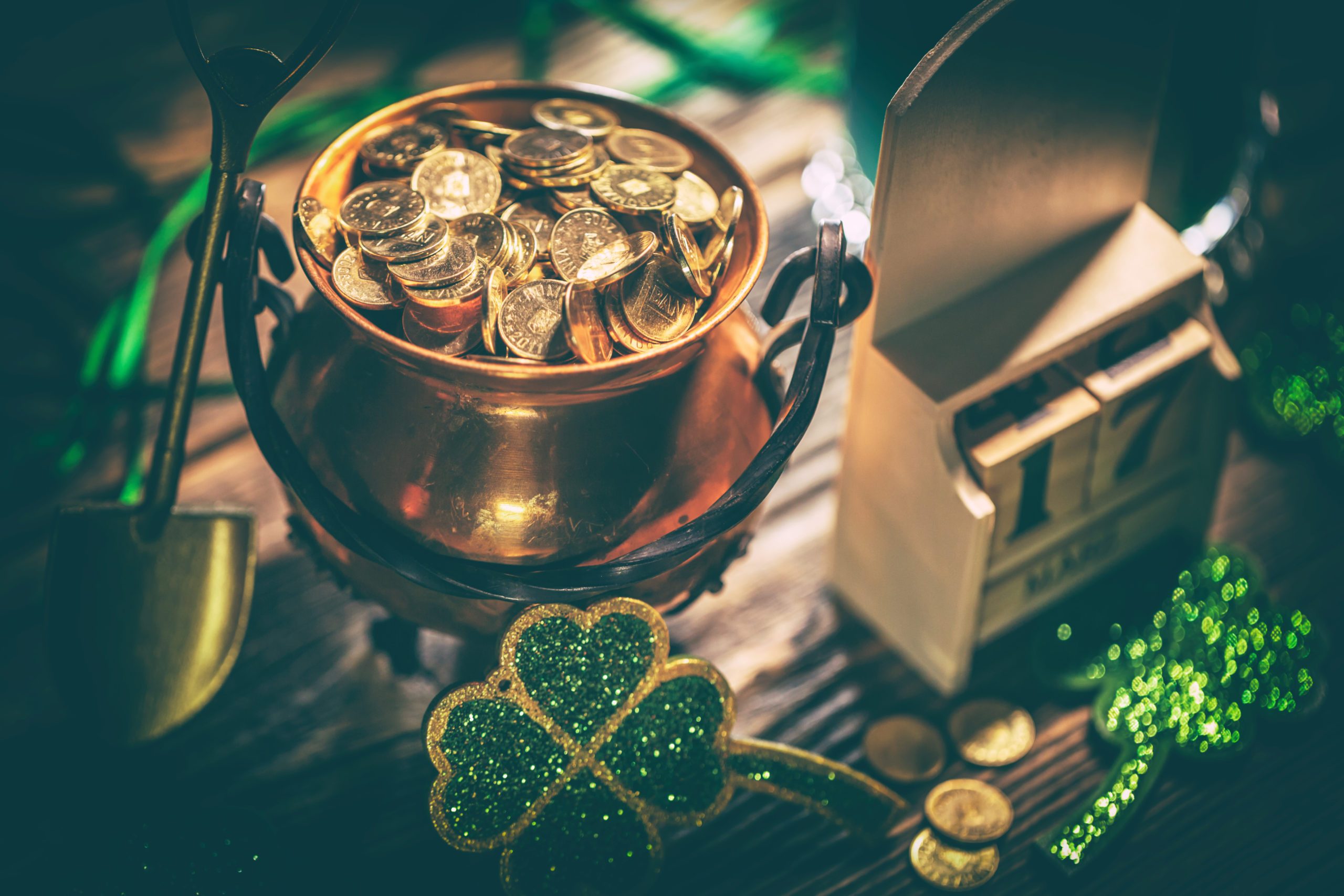 pot of gold coins on a table