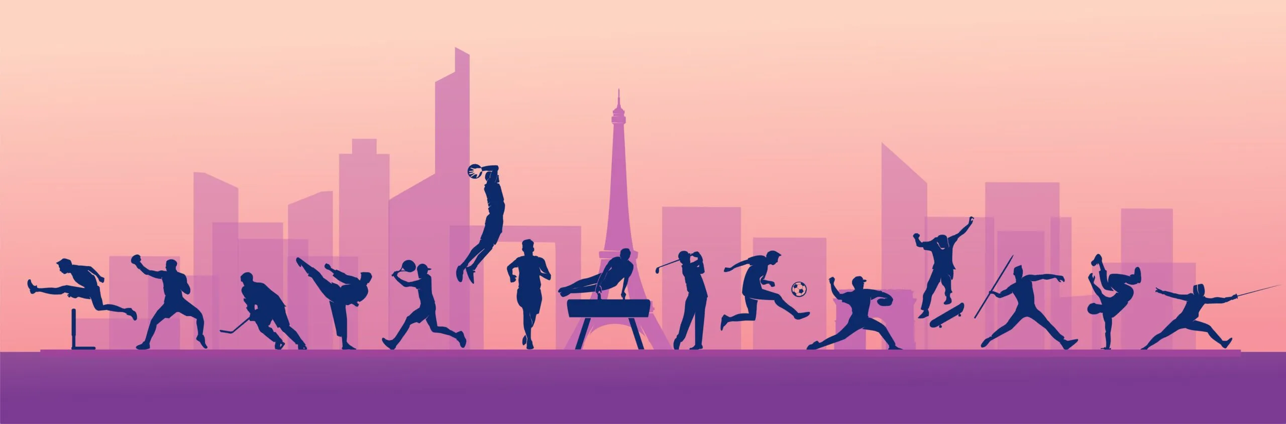 Olympic multisport athlete silhouettes in front of the Paris skyline