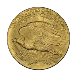 A 19333 Double Eagle gold twenty dollar coin on a white background