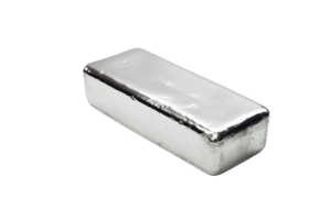 A silver bullion bar on white background