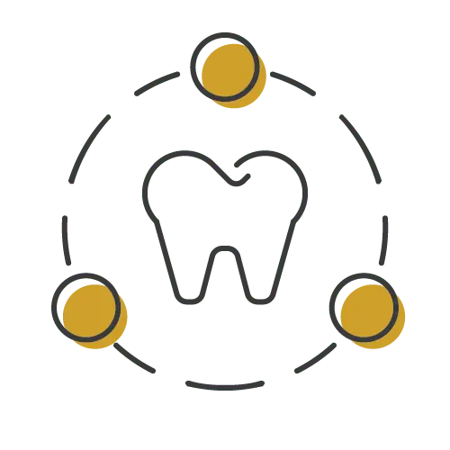 A sketch of a dental molar, circled by dash lines and gold balls