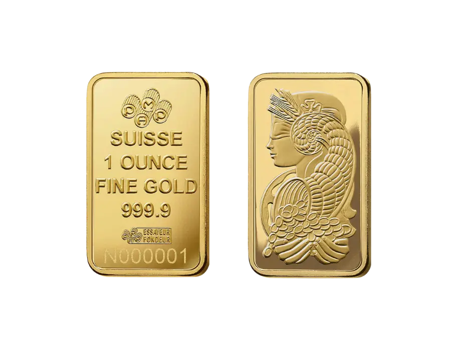 The 1-ounce Lady Fortuna 24-karat gold bar minted by PAMP Suisse, a Swiss precious metals refinery