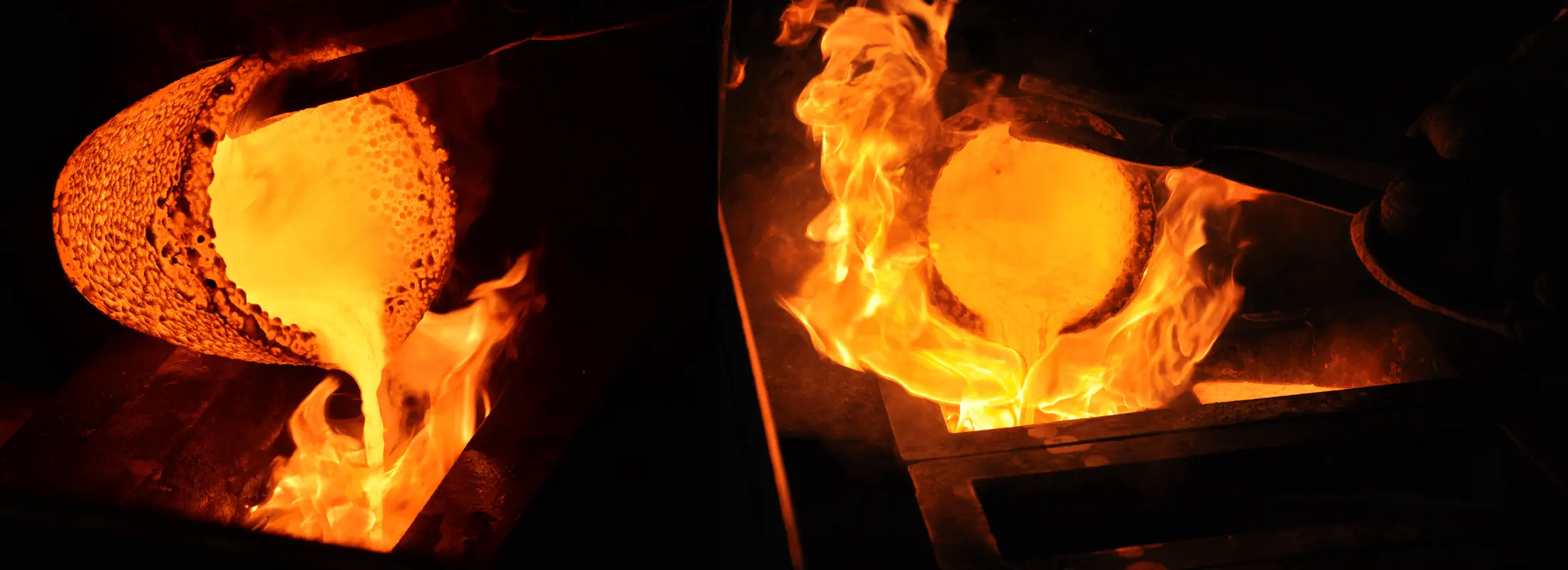 Crucibles pouring molten gold at a precious metal refinery