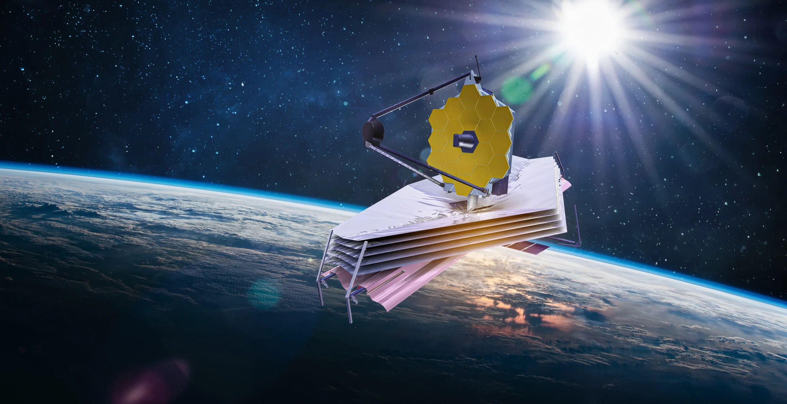 The James Webb telescope in space, earth in background