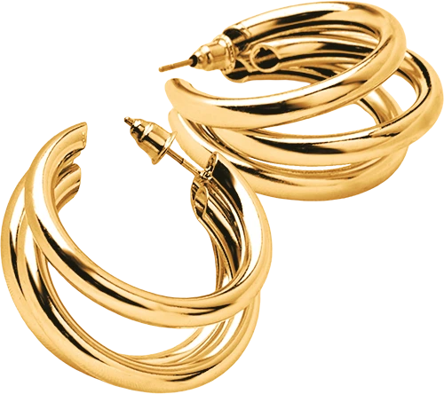 A pair of gold hoop earrings on a white background