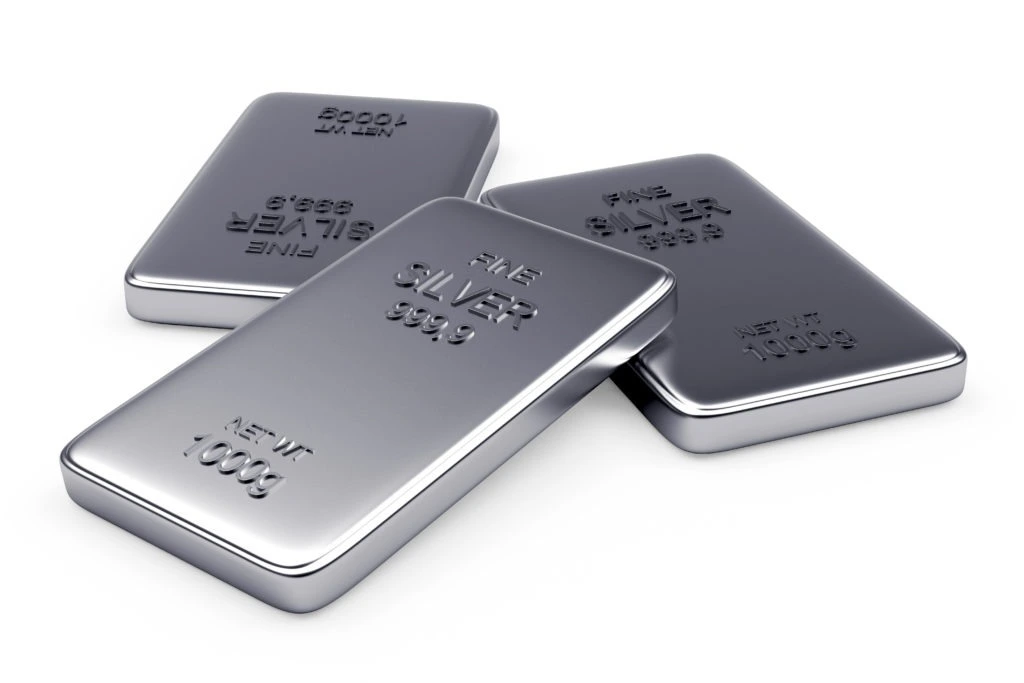 3 silver bullion bars on a white background